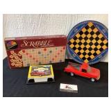 Scrabble game, checkers/chess tin, car cards, t