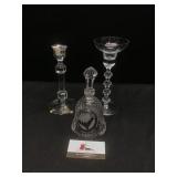 2 glass candlesticks and a bell