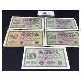 Five 1922 Germany 1,000 Mark Reichsbanknote