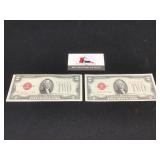 Two Consecutive Serial # 1928-G $2 Crisp UNC