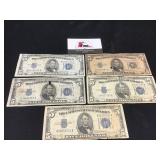 Five $5 Silver Certificates 1934-A-B-B-D(2)