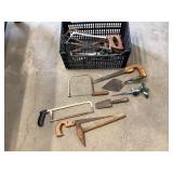Plastic Crate w/ Hand Saws & Misc Tools