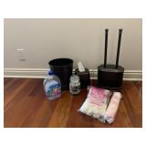 Bathroom trash can, toilet brush, and