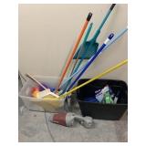 Brooms, cleaning supplies, and miscellaneous
