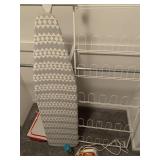 Shoe rack, ironing board, iron, and garment bags