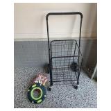 Basket on wheels, chalk, and frisbee