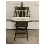 Wooden high chair with removable enamel tray