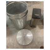 2 galvanized outdoor trash cans and small can