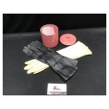 Leather gloves and container