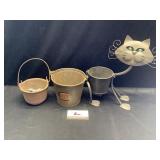 Cat planter, cast iron cauldron, metal bucket