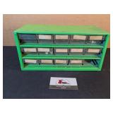 Green metal bolt bin (with contents)