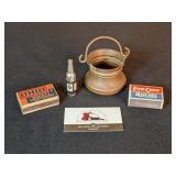 Copper ashtray, card lighter, matchbooks