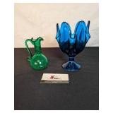 Green crackle vase and blue art glass (Fenton?)