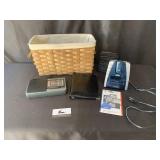 Basket, alarm clock, radio, and miscellaneous