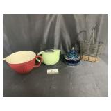 Wine basket, mixing bowl, tea pot, and dish