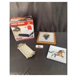 George Foreman grill, cutting board, butter dish