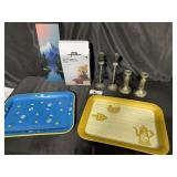 Metal serving trays, candle sticks, miscellaneous