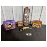 Vintage lunch boxes, thermometer and miscellaneous