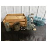 Wooden crate, sifter, mason jars, and