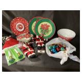 Tote full of Christmas decor and platters