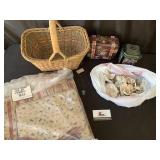 Girl Scout tins, sea shells, basket, and gift bags