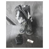 Size 11 boots and leather bottle