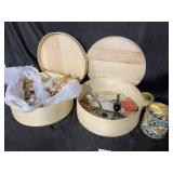 Buttons, shells, wooden hat boxes
