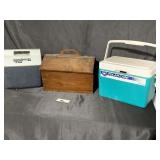 2 small coolers and wooden basket