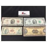 4 Notes $2 US Red Seal, Green Seal, 5 Peso