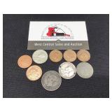 9 Foreign Coins-Holed 1916 Shilling