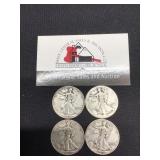 Four Walking Liberty Halves 1941,1942,1943,1944