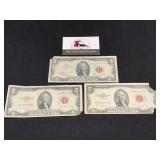 Three Red Seal $2 Bills