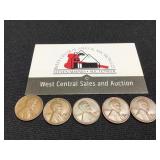 Five 1928-D Lincoln Cents