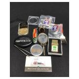 Bag of Stuff - Pins, Cork Screws, Fork- Coins