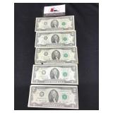 Five 1976 J $2 Dollar Bills