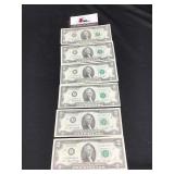 Five 1976 $2 Dollar Bills