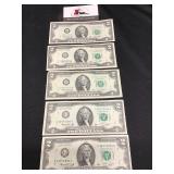 Five 1976 G $2 Dollar Bills