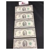 Five 1976 G $2 Dollar Bills