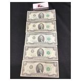 Five 1976 G $2 Dollar Bills