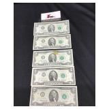 Five 1976 Two Dollar Bills