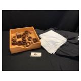Wood tray, wood napkin rings and cloth napkins