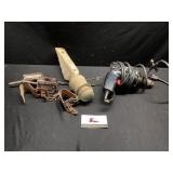 Cow hobbles, electric drill vintage insulators