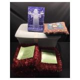 Tote of new tinsel, Christmas decor