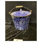 Enamel blue swirl pail with lid