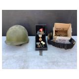 Helmet, ammo belt, ammo and military medals