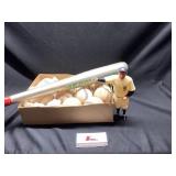 Babe Ruth, baseballs, and bat