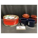 Tin of Buttons and Miscellaneous Stoneware