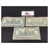 Three Canada $1 Bills (2-1937 & 1-1954)
