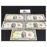 Group of 5 1953-1963 $2 Red Seal Bills