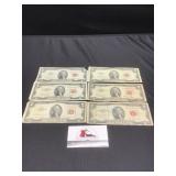 Group of 6 $2 Red Seal Bills